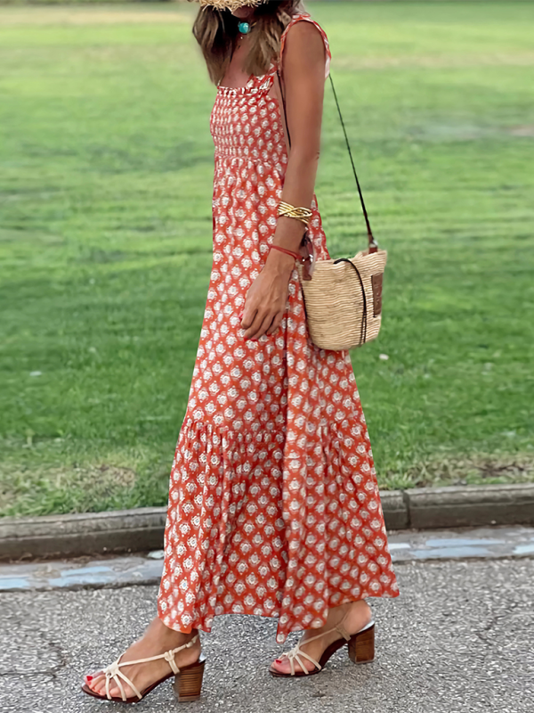 Elegant Floral Print Maxi Dress – Romantic Holiday Suspender Style