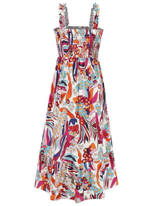 Elegant Floral Print Maxi Dress – Romantic Holiday Suspender Style