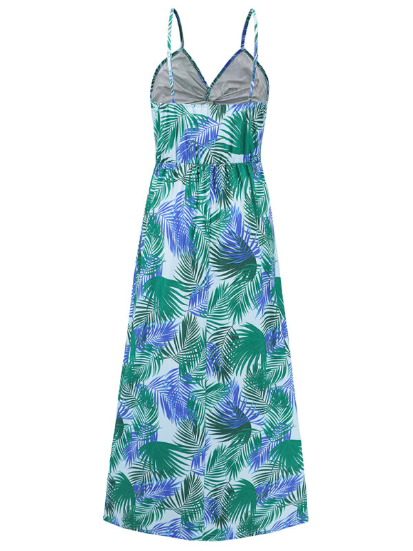 Elegant Printed V-Neck A-Line Maxi Dress – Spaghetti Straps, Spring-Summer Style