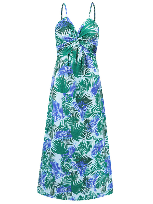 Elegant Printed V-Neck A-Line Maxi Dress – Spaghetti Straps, Spring-Summer Style