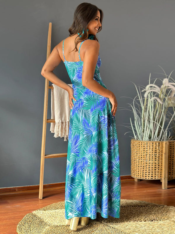 Elegant Printed V-Neck A-Line Maxi Dress – Spaghetti Straps, Spring-Summer Style