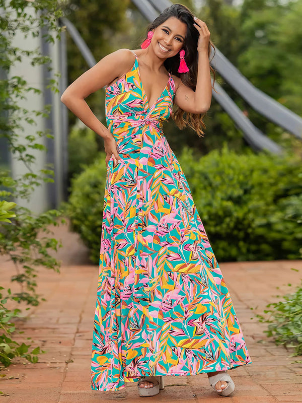 Elegant Printed V-Neck A-Line Maxi Dress – Spaghetti Straps, Spring-Summer Style
