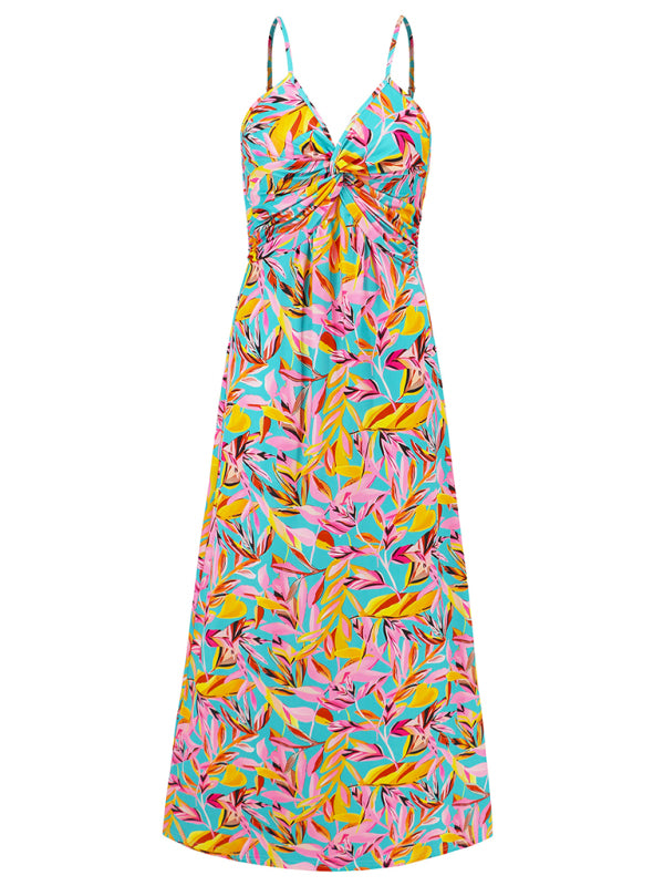 Elegant Printed V-Neck A-Line Maxi Dress – Spaghetti Straps, Spring-Summer Style