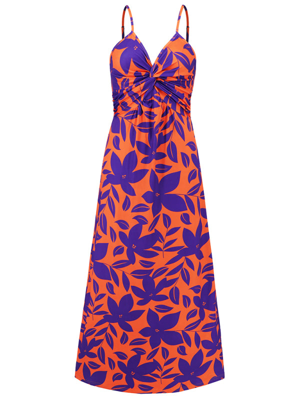 Elegant Printed V-Neck A-Line Maxi Dress – Spaghetti Straps, Spring-Summer Style