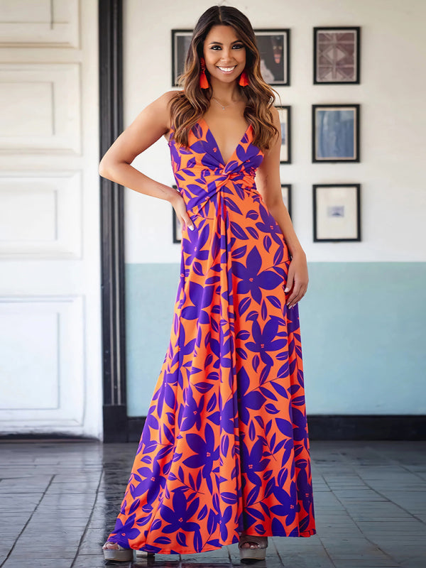 Elegant Printed V-Neck A-Line Maxi Dress – Spaghetti Straps, Spring-Summer Style