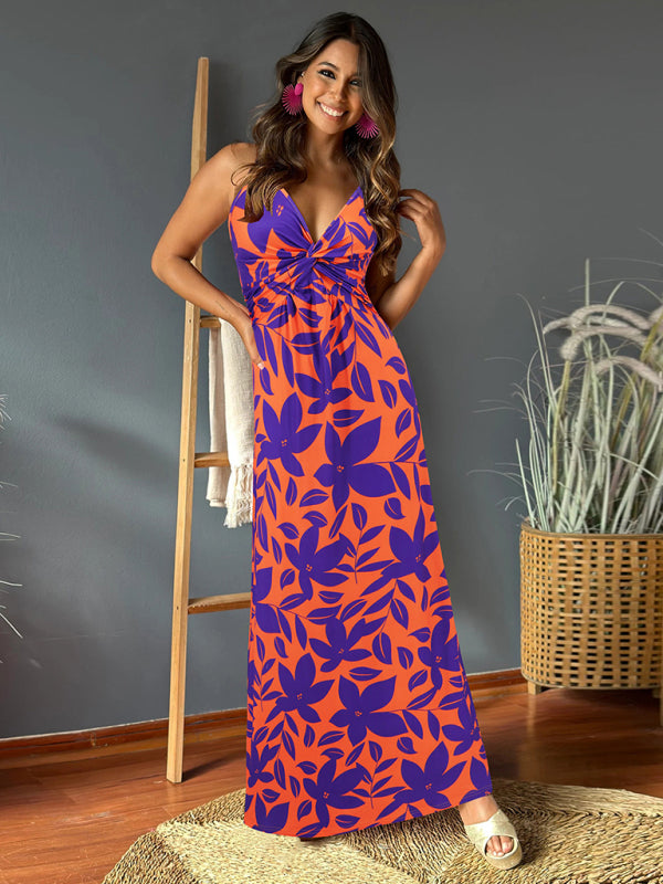 Elegant Printed V-Neck A-Line Maxi Dress – Spaghetti Straps, Spring-Summer Style