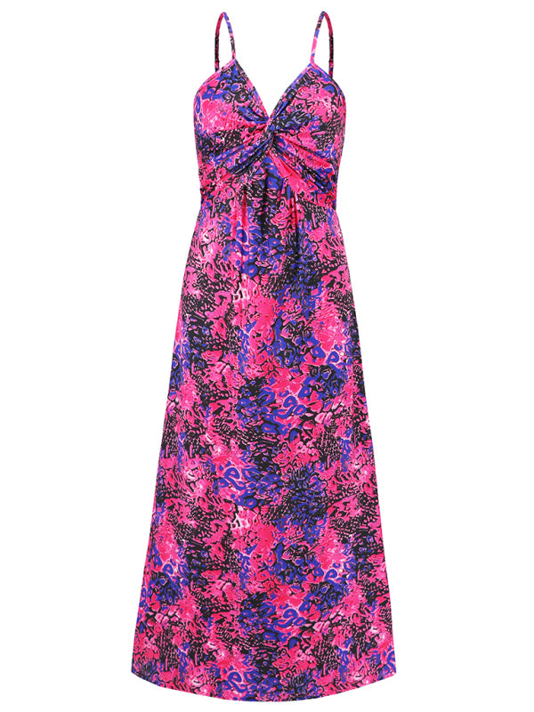 Elegant Printed V-Neck A-Line Maxi Dress – Spaghetti Straps, Spring-Summer Style