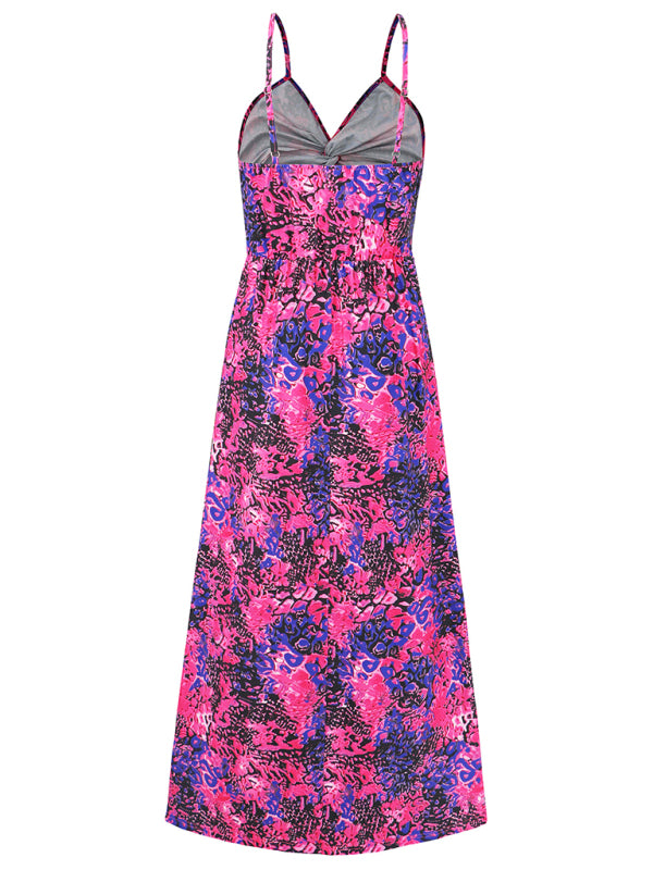 Elegant Printed V-Neck A-Line Maxi Dress – Spaghetti Straps, Spring-Summer Style