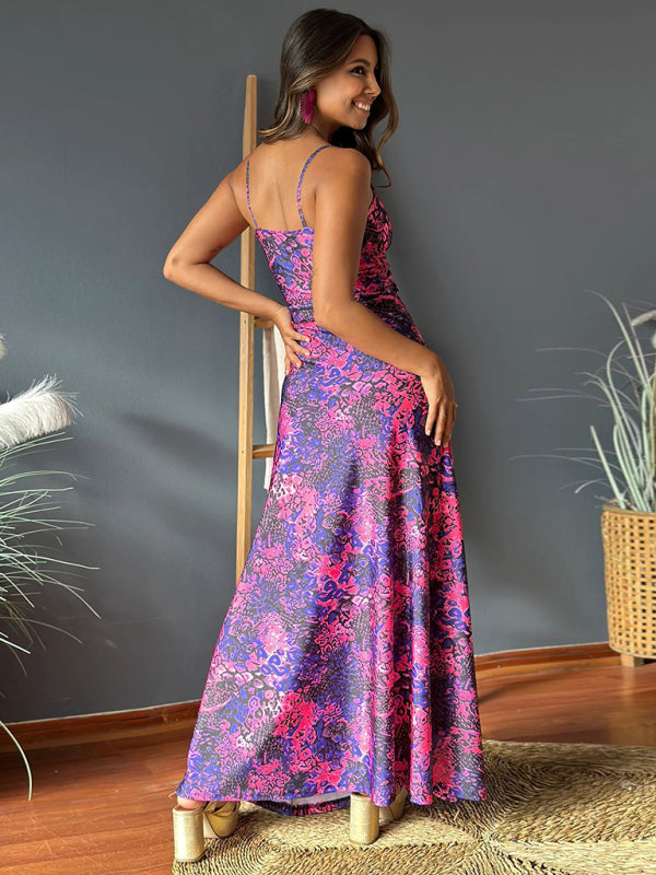 Elegant Printed V-Neck A-Line Maxi Dress – Spaghetti Straps, Spring-Summer Style