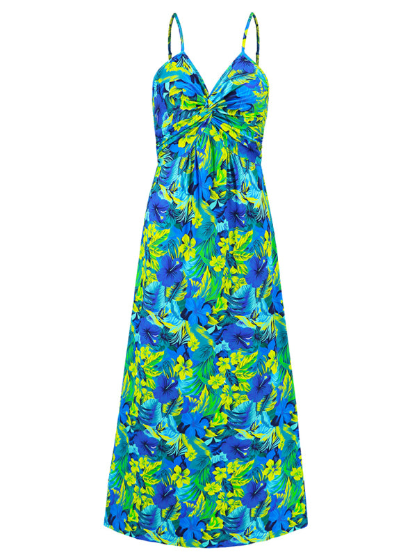 Elegant Printed V-Neck A-Line Maxi Dress – Spaghetti Straps, Spring-Summer Style