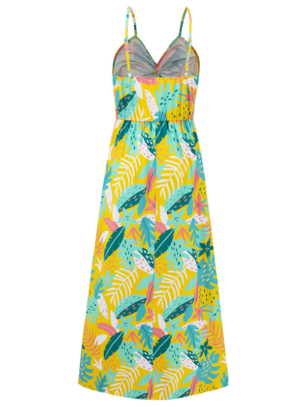 Elegant Printed V-Neck A-Line Maxi Dress – Spaghetti Straps, Spring-Summer Style