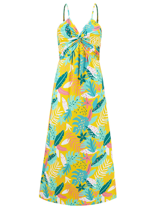 Elegant Printed V-Neck A-Line Maxi Dress – Spaghetti Straps, Spring-Summer Style