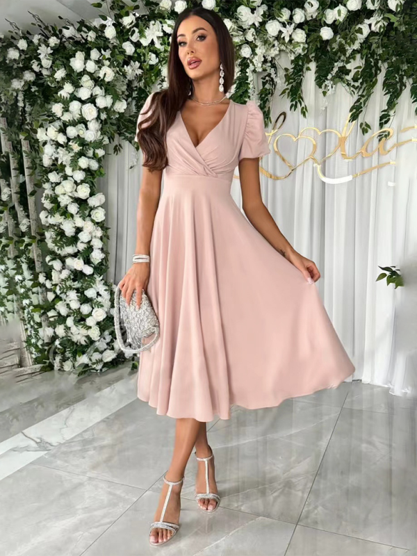 V-Neck Puff Sleeve Swing Midi Dress – Elegant Fit & Flare Design for Daily Wear