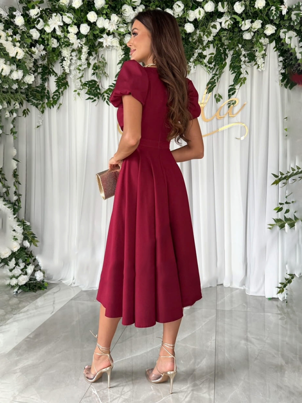 V-Neck Puff Sleeve Swing Midi Dress – Elegant Fit & Flare Design for Daily Wear