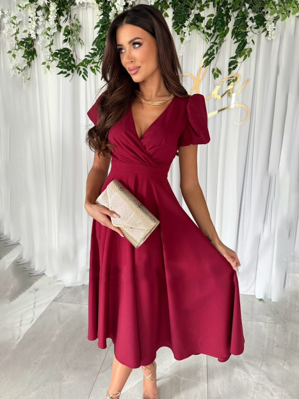 V-Neck Puff Sleeve Swing Midi Dress – Elegant Fit & Flare Design for Daily Wear