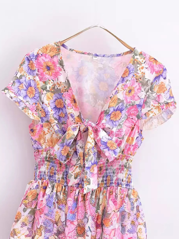 Romantic French Floral A-Line Dress – Tie Waist, Short Sleeves, No Stretch
