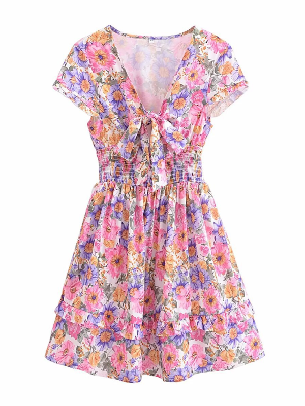Romantic French Floral A-Line Dress – Tie Waist, Short Sleeves, No Stretch