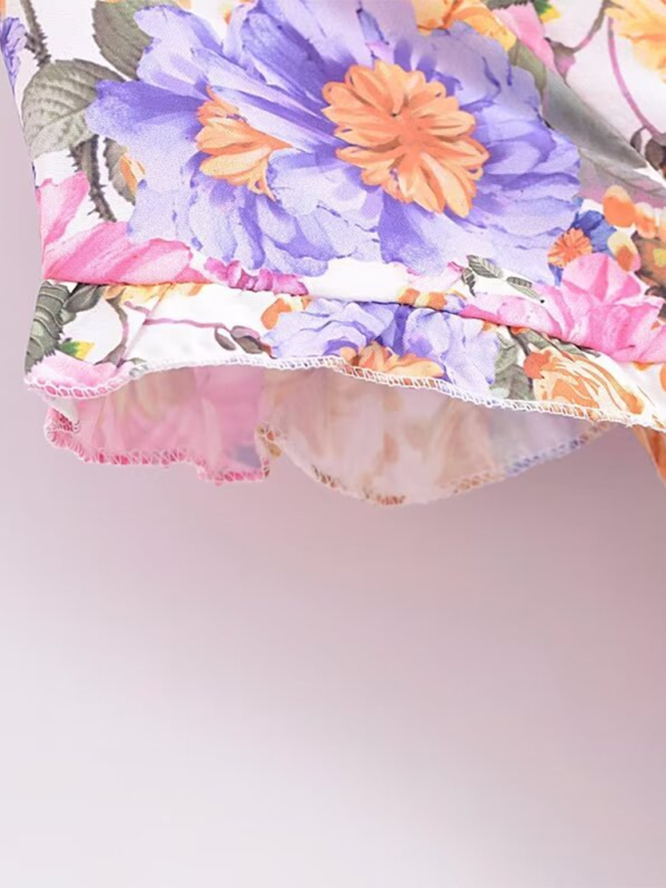 Romantic French Floral A-Line Dress – Tie Waist, Short Sleeves, No Stretch