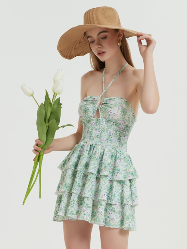 Floral Halterneck One-Piece Dress – Waist-Length Skirt with Tutu Layer