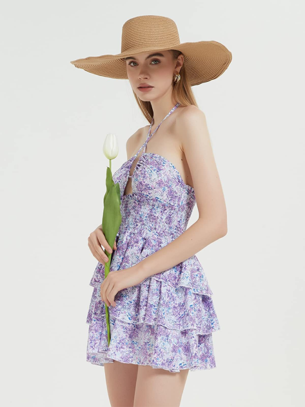 Floral Halterneck One-Piece Dress – Waist-Length Skirt with Tutu Layer