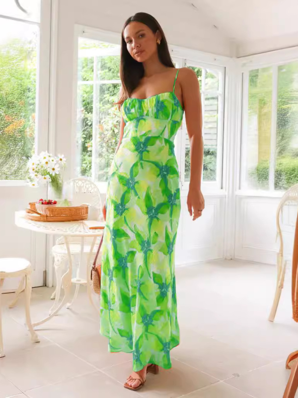 Floral Backless Midi Dress – Romantic Summer Print in Purple, Yellow, or Green