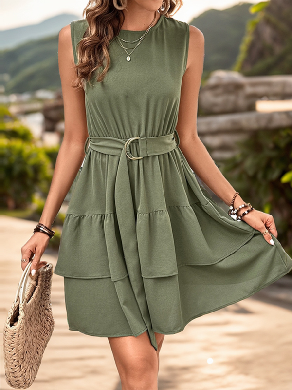 Sleeveless Tiered Solid Dress in Green – Round Neck A-Line Fit