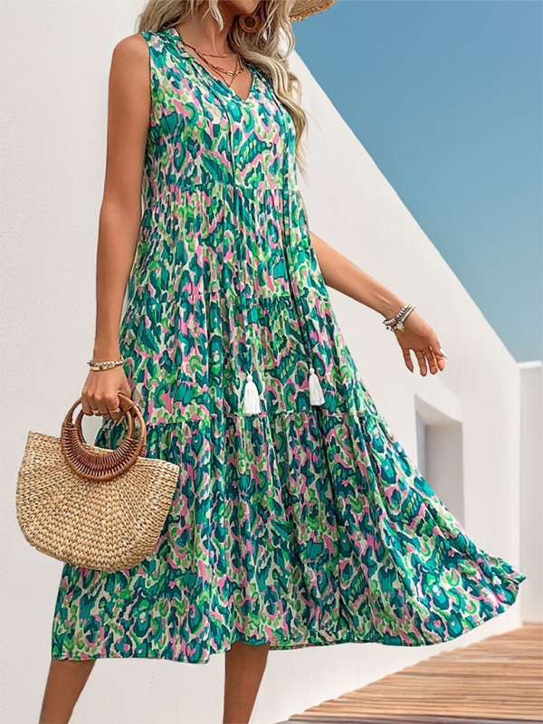 Boho Sleeveless Resort Maxi Dress – Lightweight Rayon, Full Print