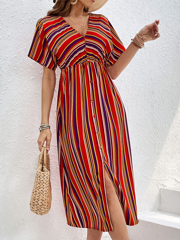 Colorful Striped V-Neck High-Waisted Maxi Dress – Button Front, Spring Leisure Style
