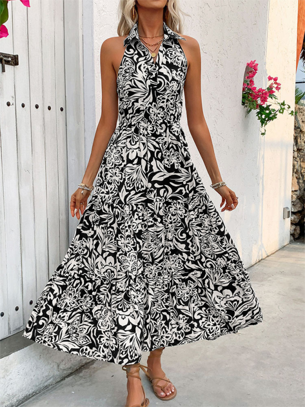 Halterneck Sleeveless High-Waist Maxi Dress – Full Print, Lightweight Fit