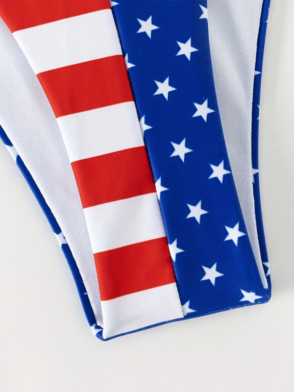 Patriotic Halter Bikini Set – 3-Piece Sleeveless Flag Print with Cover-Up