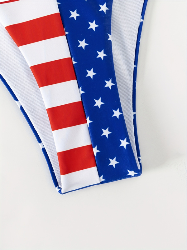 Patriotic Halter Bikini Set – 3-Piece Sleeveless Flag Print with Cover-Up