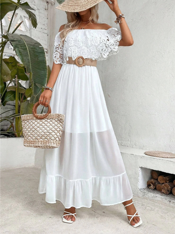 Off-Shoulder Guipure Lace Ruffle Hem Dress – Elegant Spring-Summer Look