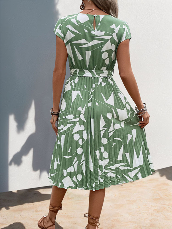 Geometric Print Pleated Midi Dress – Lightweight Spring-Summer Style