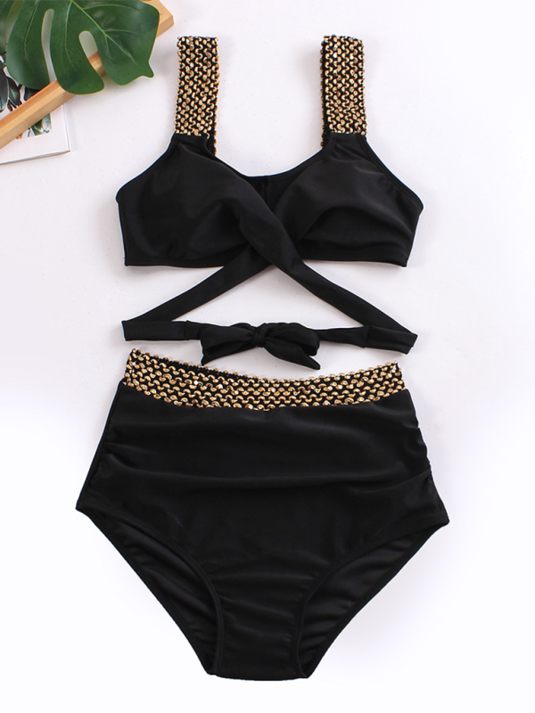 Sexy Cross-Back Bikini Set – Solid Two-Piece with Moderate Stretch