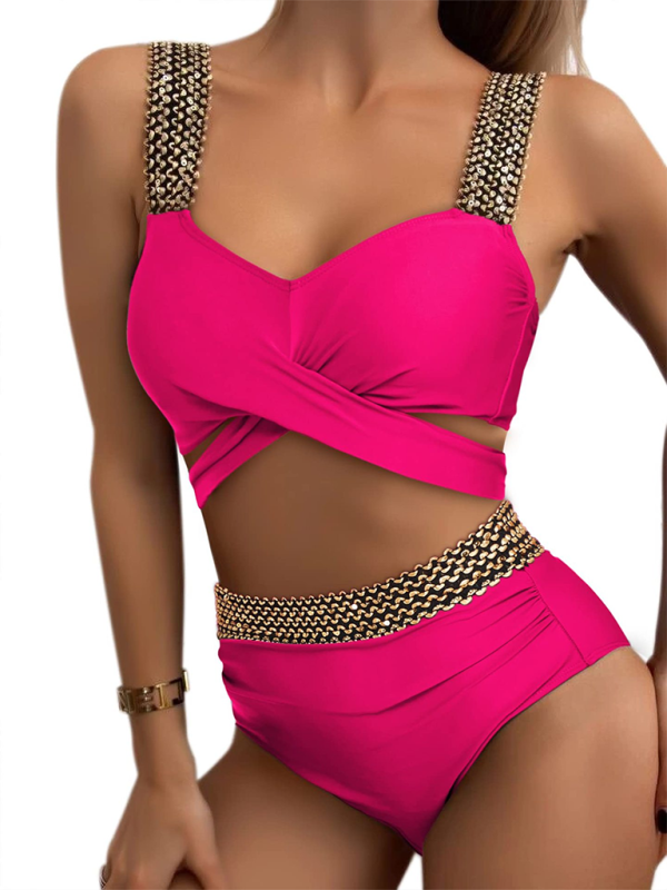 Sexy Cross-Back Bikini Set – Solid Two-Piece with Moderate Stretch
