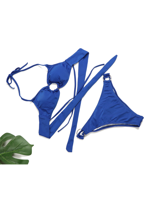 Solid Color Ring Detail Bikini Set – Gathered Two-Piece with Moderate Stretch