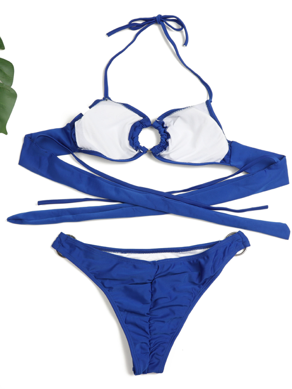 Solid Color Ring Detail Bikini Set – Gathered Two-Piece with Moderate Stretch
