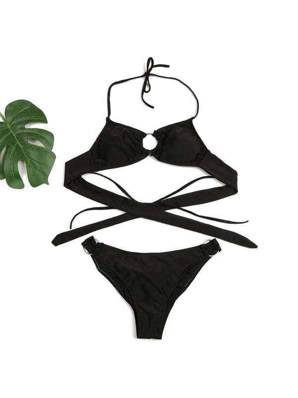 Solid Color Ring Detail Bikini Set – Gathered Two-Piece with Moderate Stretch