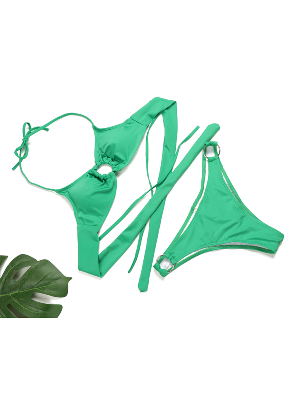 Solid Color Ring Detail Bikini Set – Gathered Two-Piece with Moderate Stretch