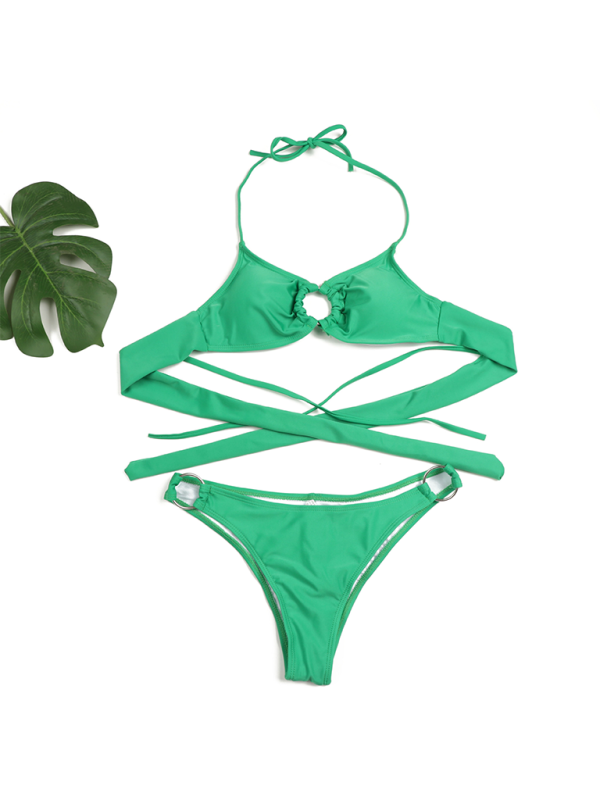 Solid Color Ring Detail Bikini Set – Gathered Two-Piece with Moderate Stretch