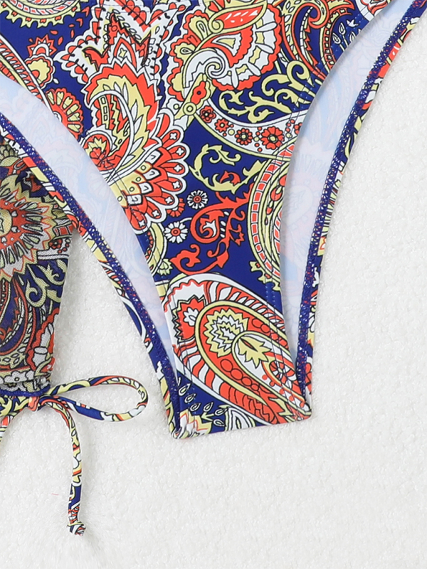 Cashew Flower Print Lace-Up Bikini Set – 4-Piece with Cover-Up