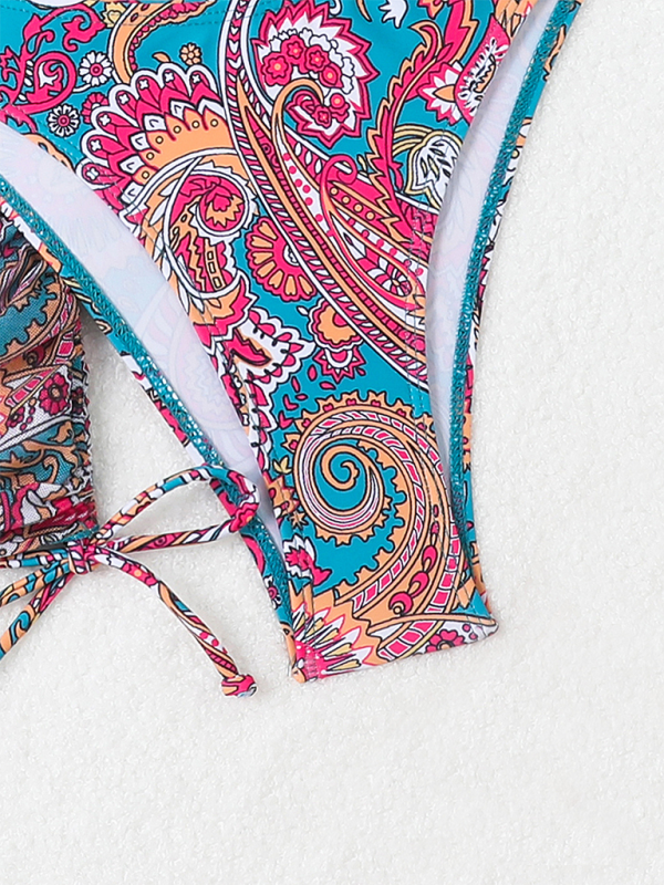 Cashew Flower Print Lace-Up Bikini Set – 4-Piece with Cover-Up