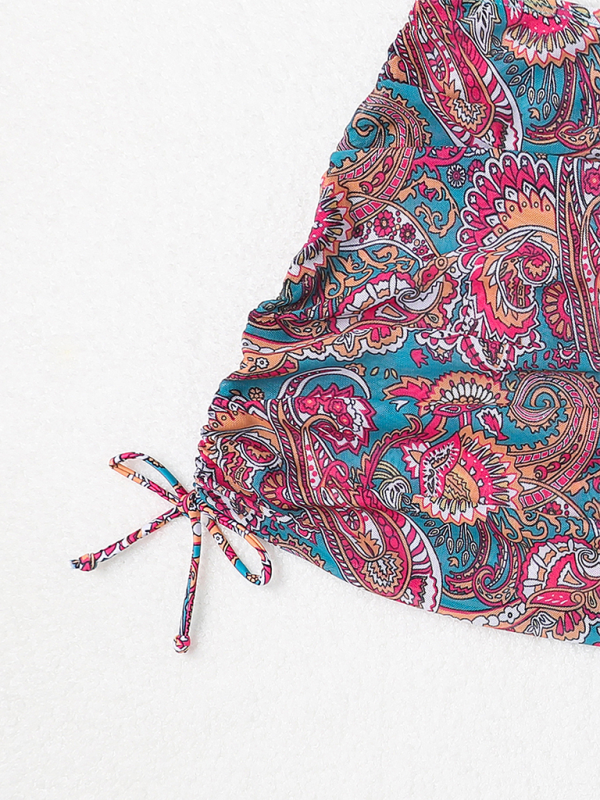 Cashew Flower Print Lace-Up Bikini Set – 4-Piece with Cover-Up