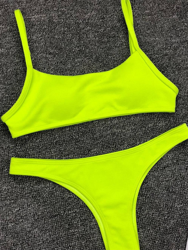 Fluorescent Two-Piece Bikini Set – Solid Color, Sexy Fit, Moderate Stretch