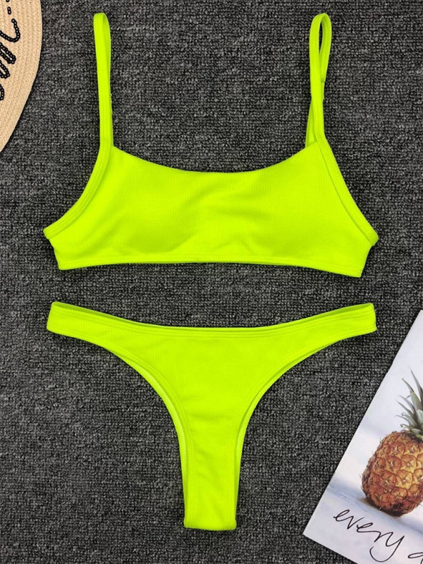 Fluorescent Two-Piece Bikini Set – Solid Color, Sexy Fit, Moderate Stretch