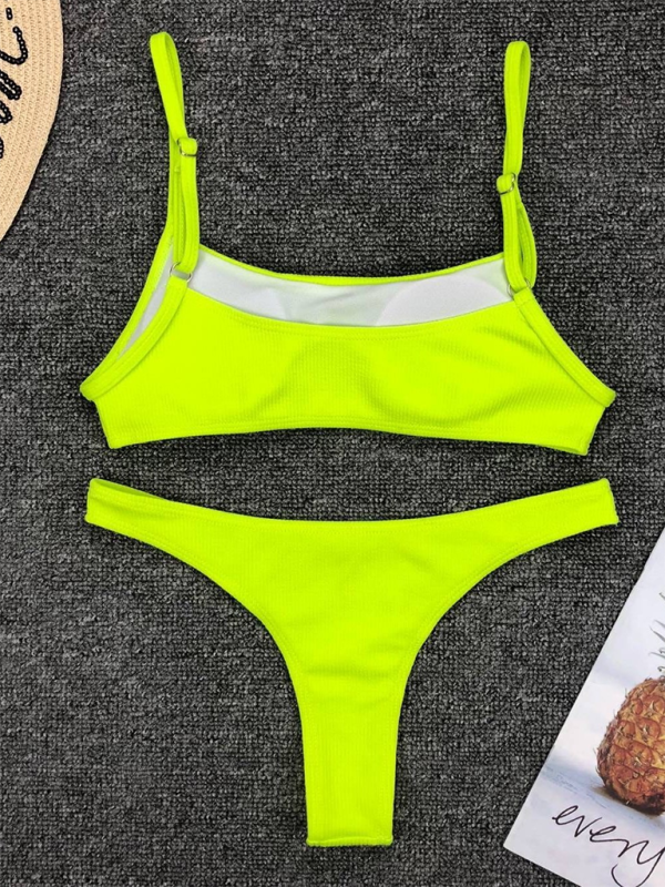 Fluorescent Two-Piece Bikini Set – Solid Color, Sexy Fit, Moderate Stretch