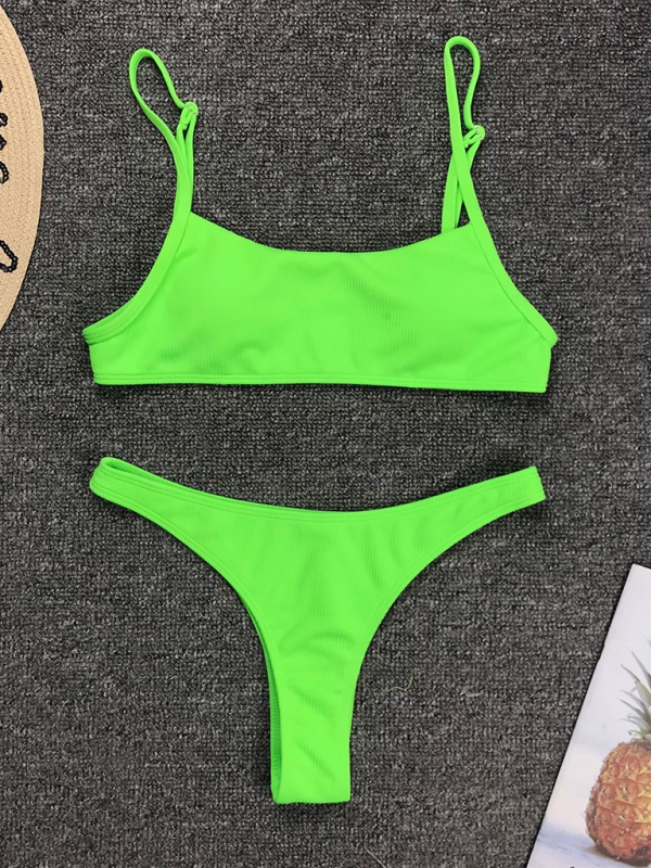 Fluorescent Two-Piece Bikini Set – Solid Color, Sexy Fit, Moderate Stretch