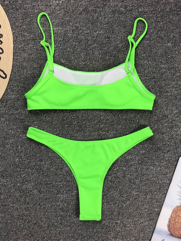 Fluorescent Two-Piece Bikini Set – Solid Color, Sexy Fit, Moderate Stretch