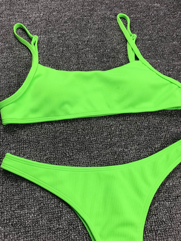 Fluorescent Two-Piece Bikini Set – Solid Color, Sexy Fit, Moderate Stretch