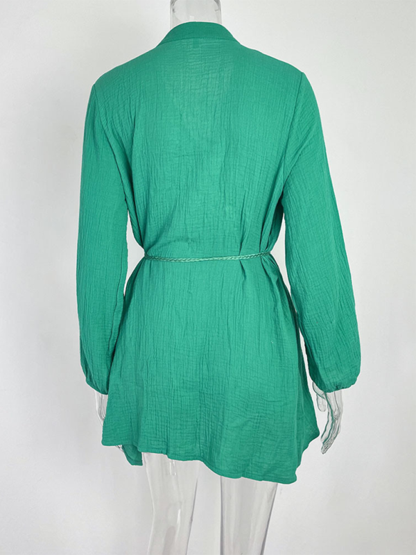 Solid Color Button Tie Mini Dress with Ruffled Hem – Leisure Style